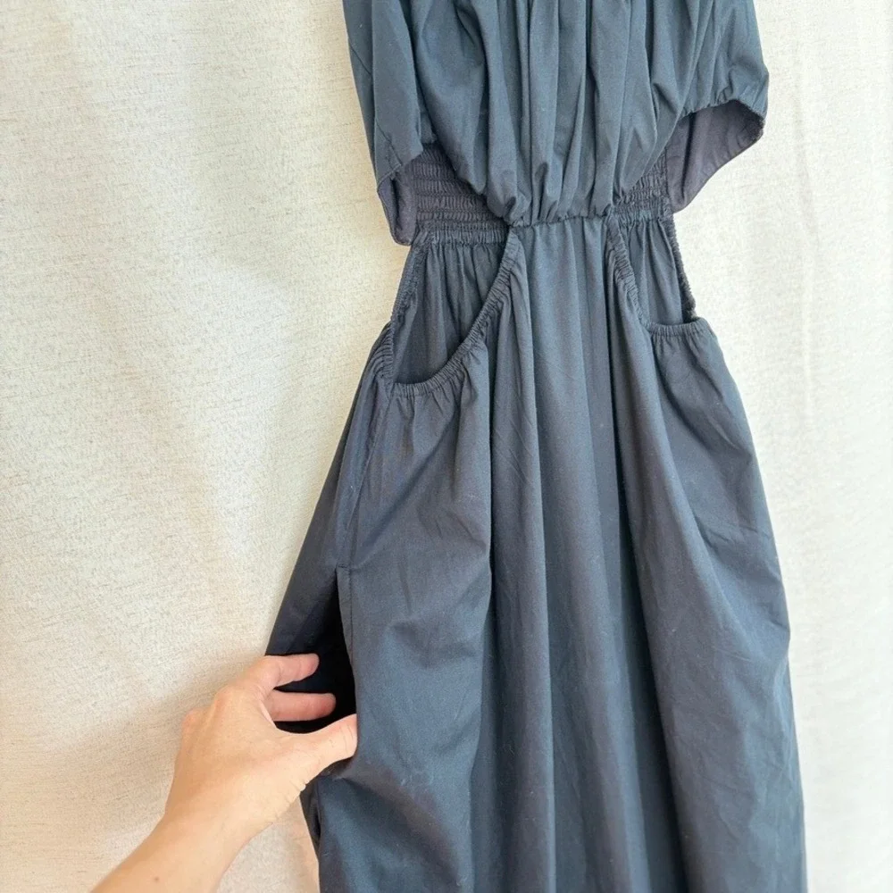 Abercrombie & Fitch Bubble Top NAVY Maxi Dress Cutout Spaghetti Straps Pockets M